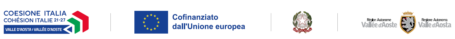 Loghi istituzionali: Coesione Italia 21-27 Valle d'Aosta, Cofinanziato dall'Unione europea, Repubblica Italiana, Regione Autonoma Valle d'Aosta